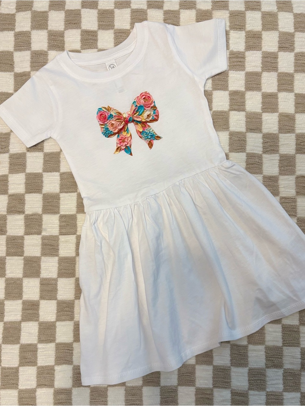 Little Girl's White Casual Dress with Floral Bow Print